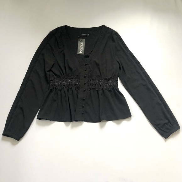 boohoo Crochet + Ladder Trim Button Through Blouse Black Size 10 - Picture 2 of 11